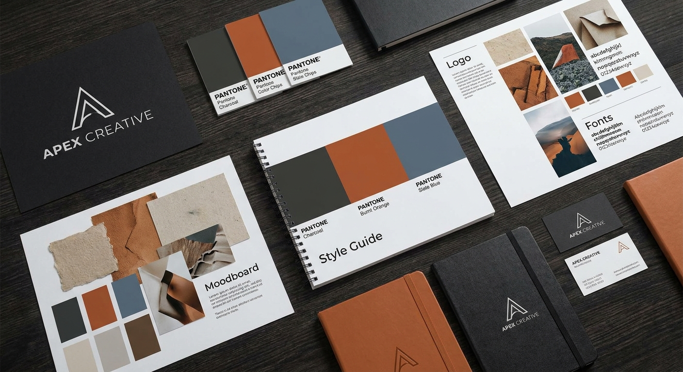 Brand identity design elements - logo, color palette, style guide