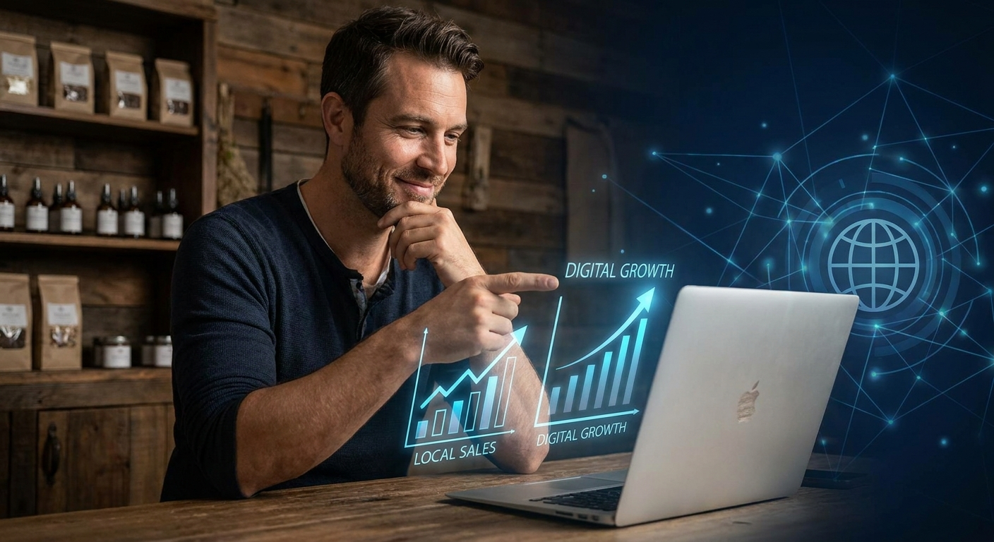 Small business owner reviewing growth charts on laptop