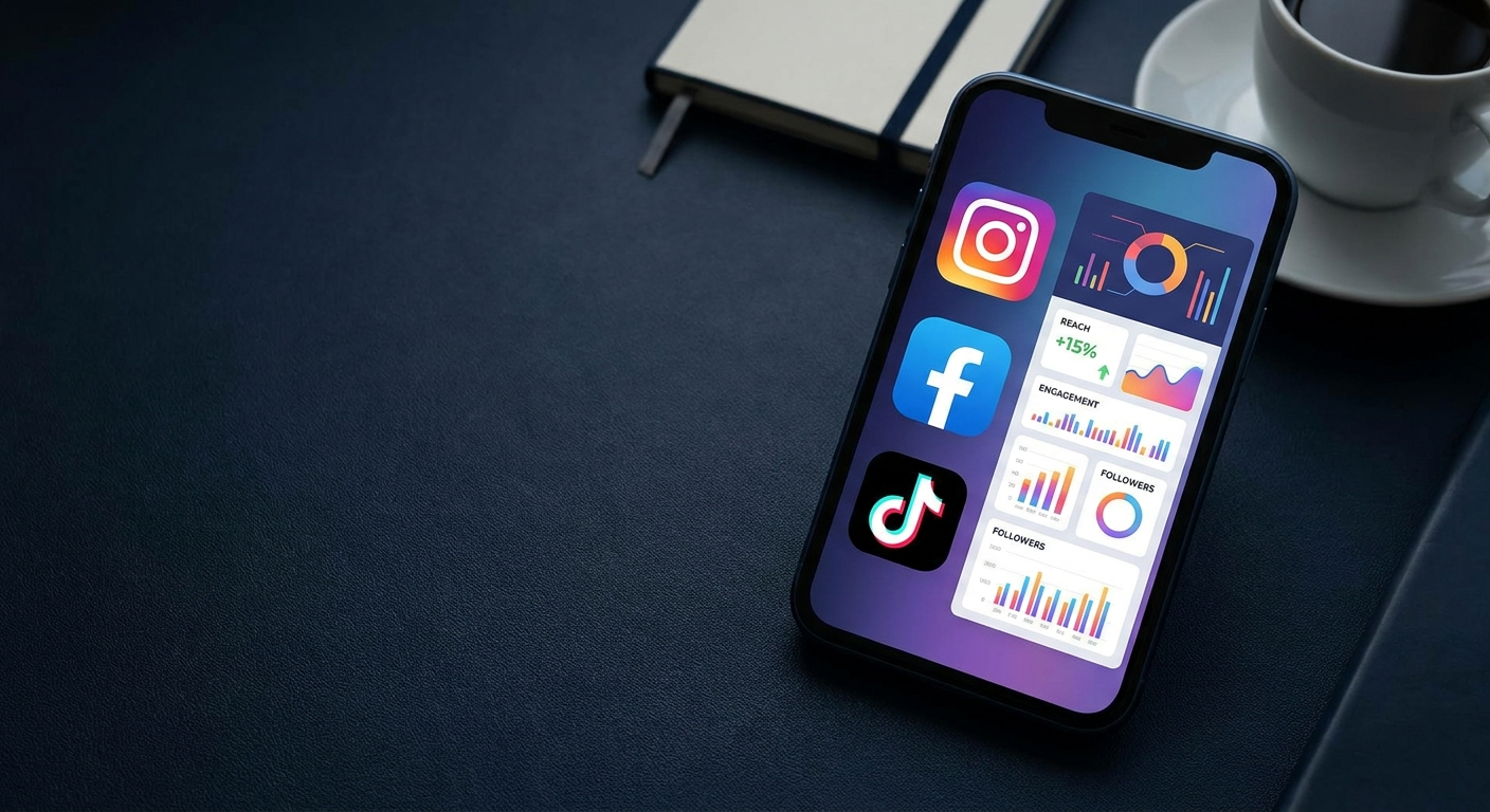 Smartphone showing social media apps and marketing analytics