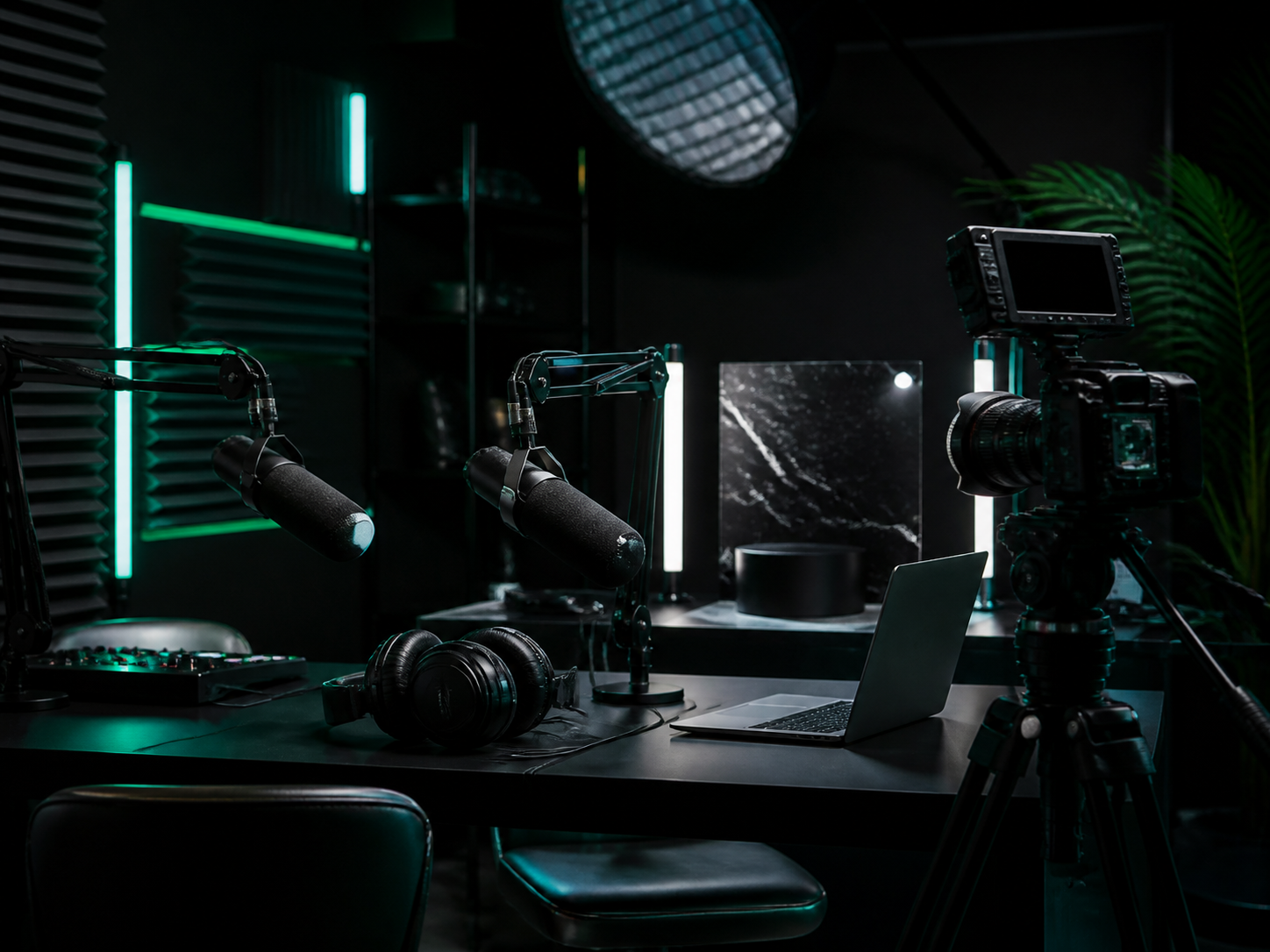 Podcast microphones, camera, and production gear in a black and green studio