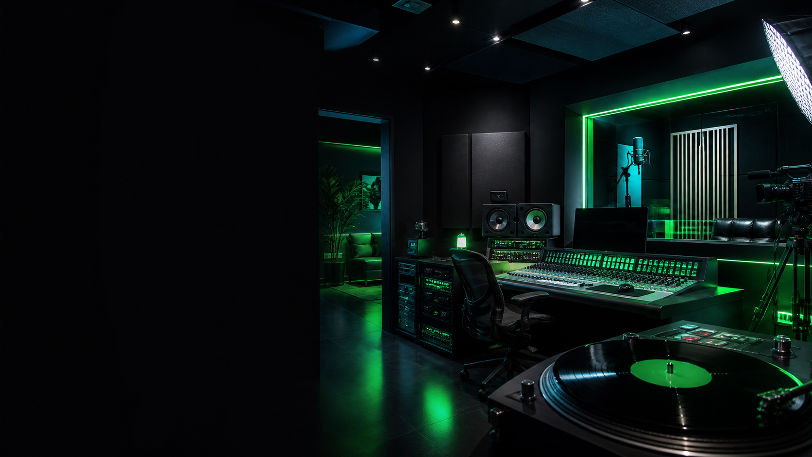 Black and green recording studio with production equipment